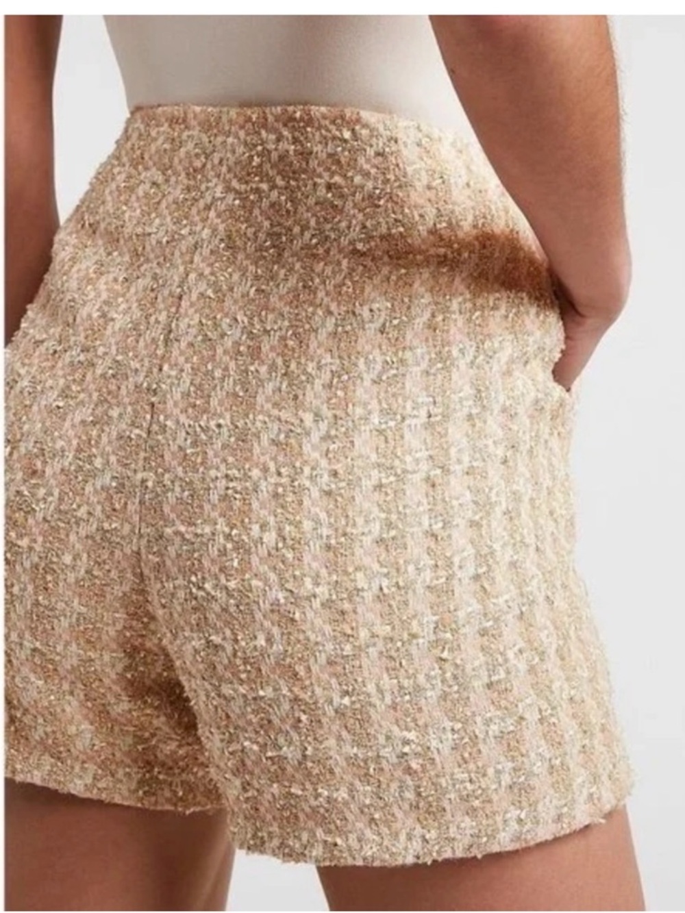 Size 0 Express Beige White Gold Metallic High Rise Dressy Tweed Shorts Pockets - Picture 2 of 4